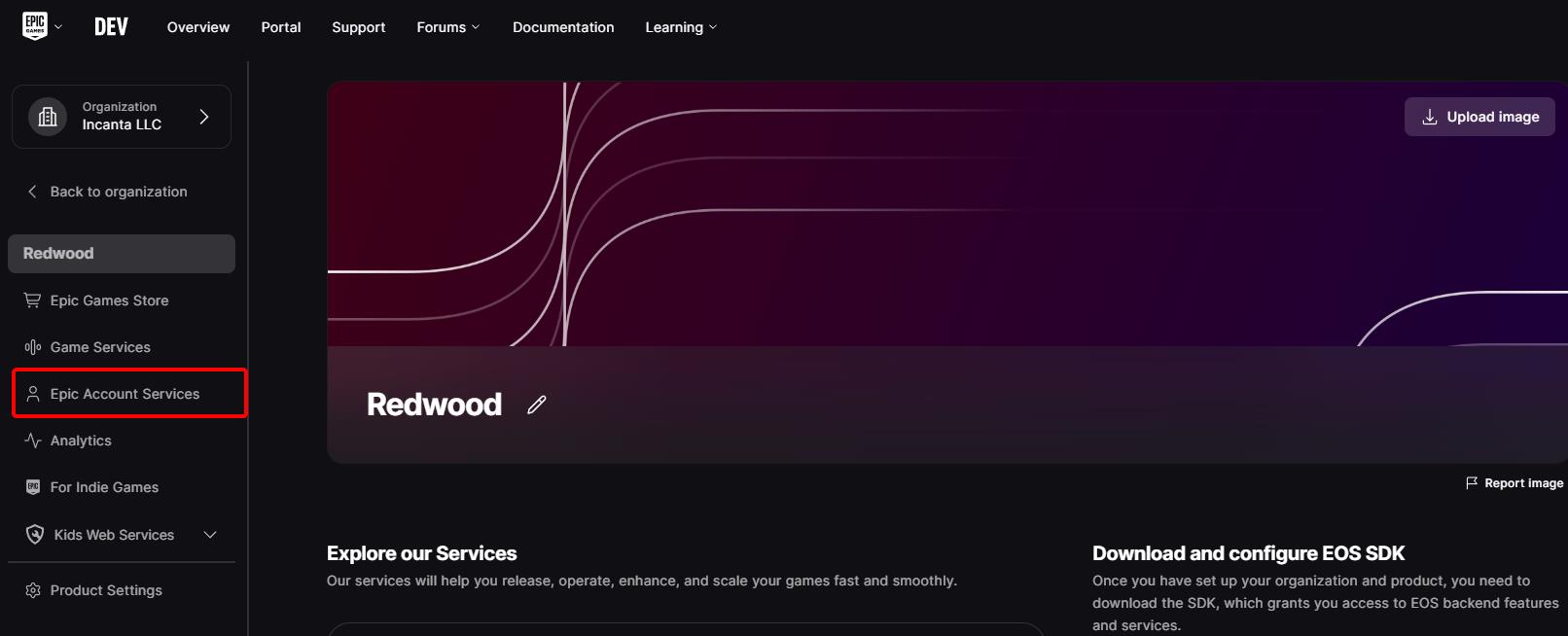Epic Account Services button is in the sidebar view when viewing the product