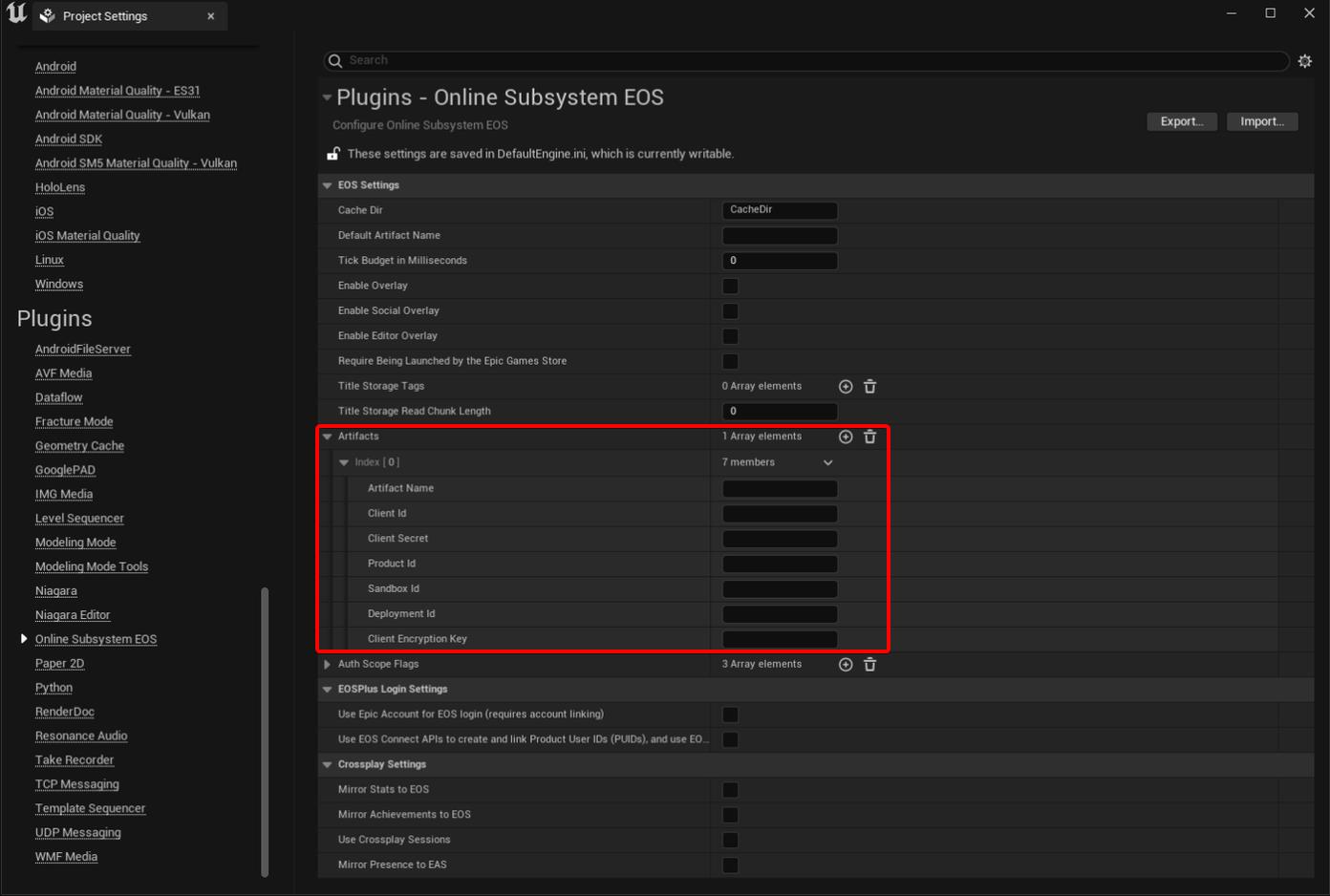 Unreal Engine Project Settings for Online Subsystem EOS
