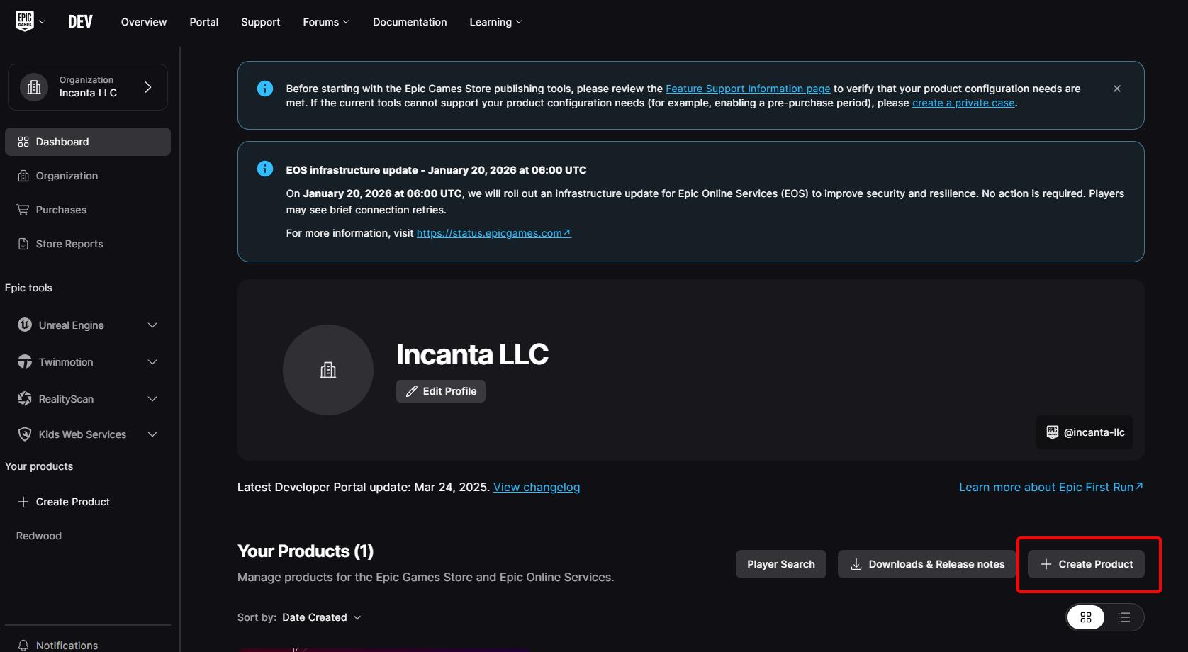 Create Product button is in the main view to the side of Your Products