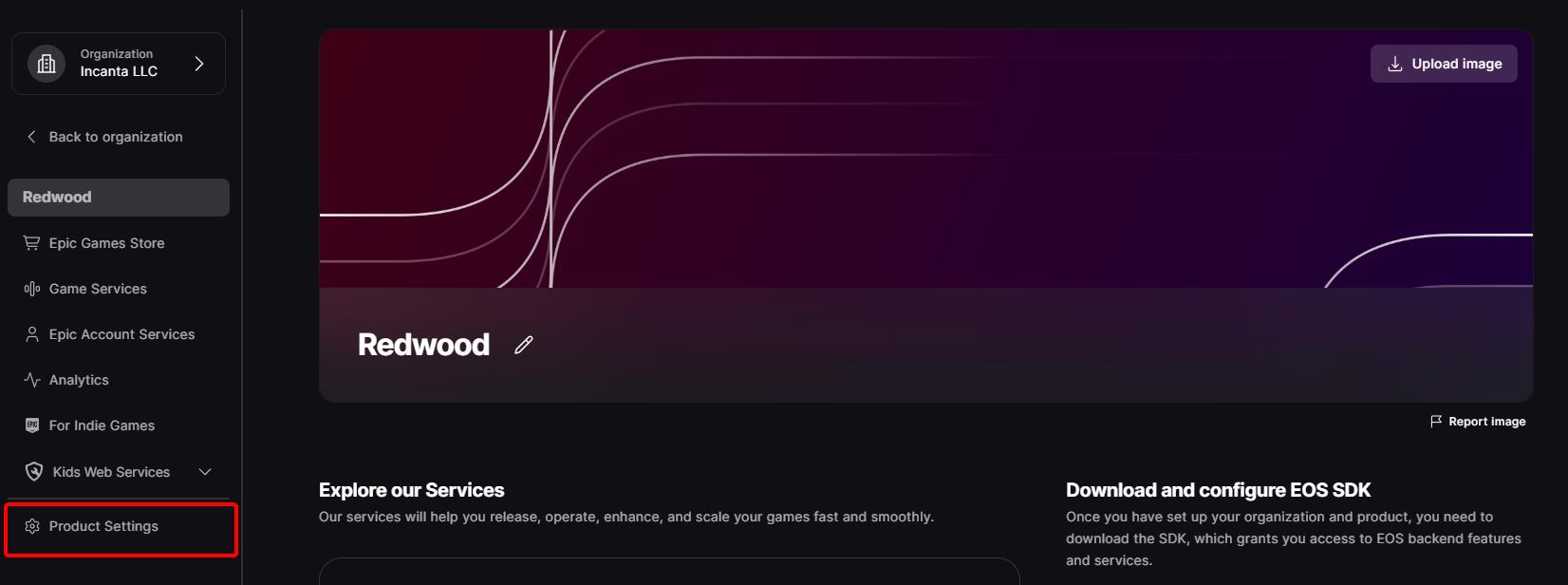 Product Settings button is in the sidebar view when viewing the product