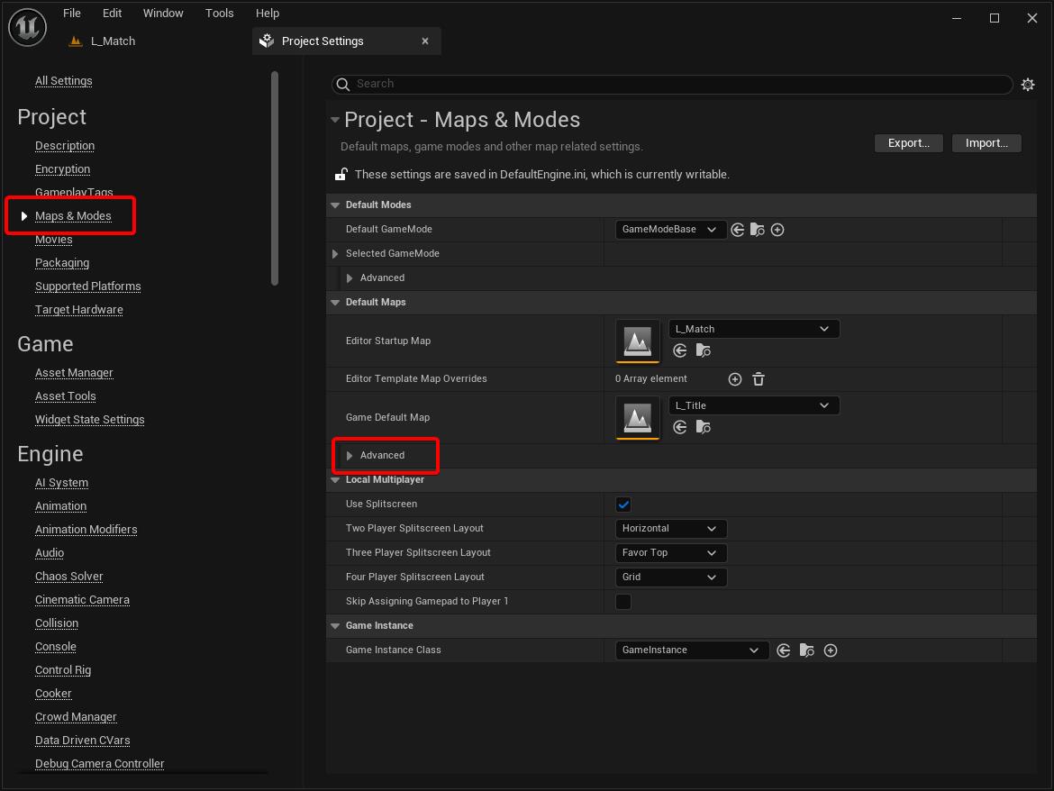 Maps &amp; Modes section showing the advanced subsection