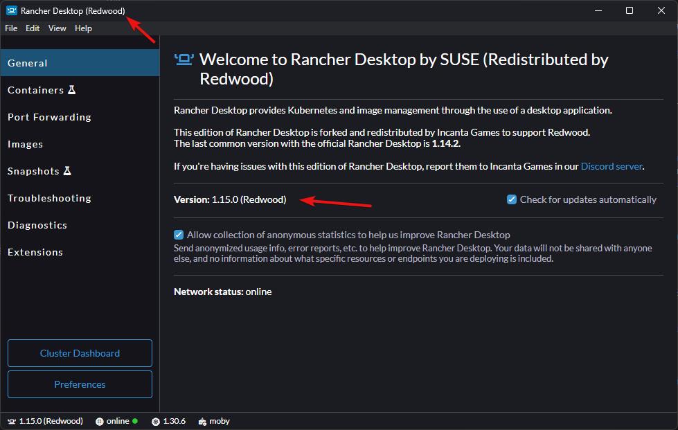 Redwood label in Rancher Desktop versions